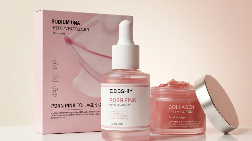 Collagen skincare products including serum, jelly cream, and packaging on a light pink background