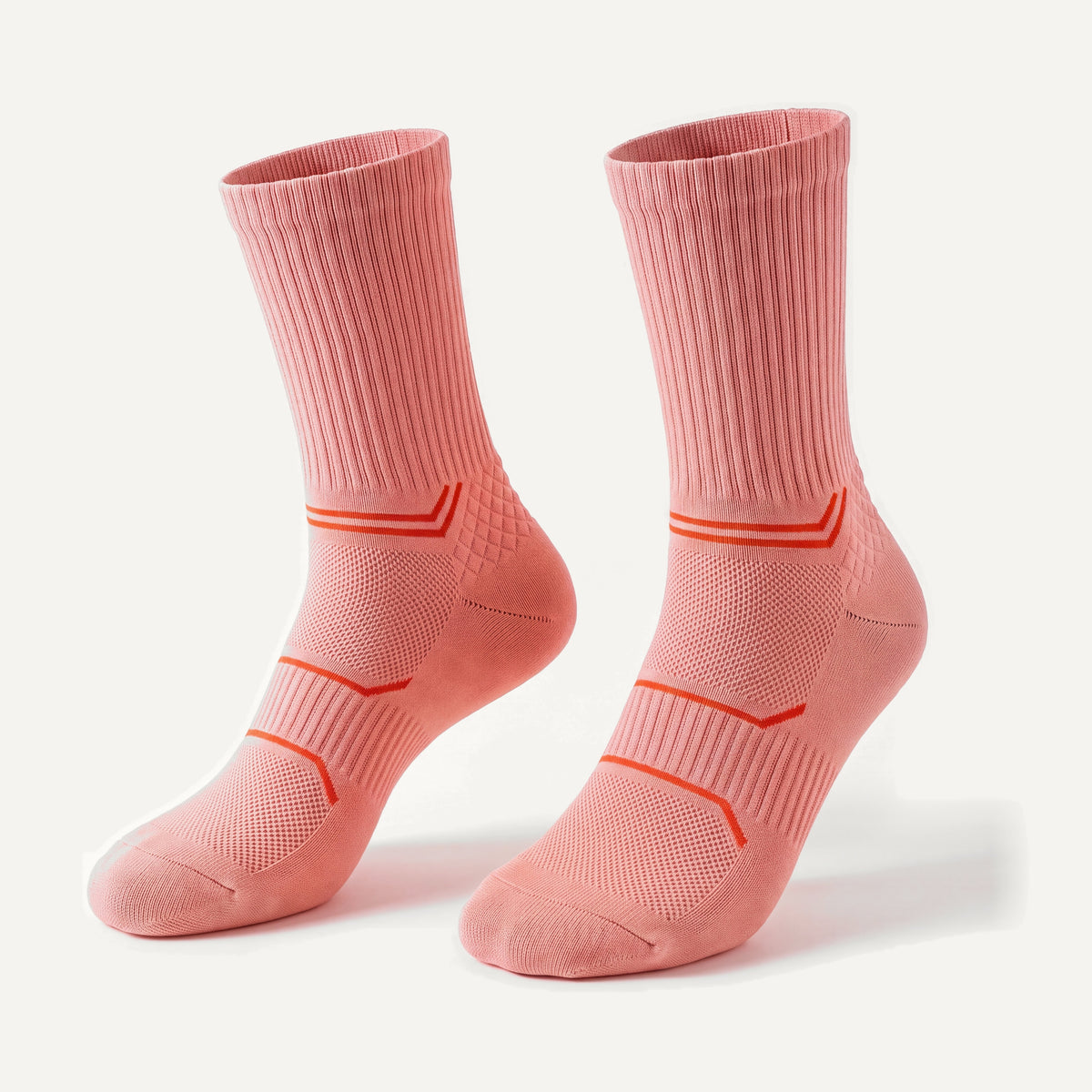 Crew Compression Socks in Coral Pink, pair, front three-quarter view