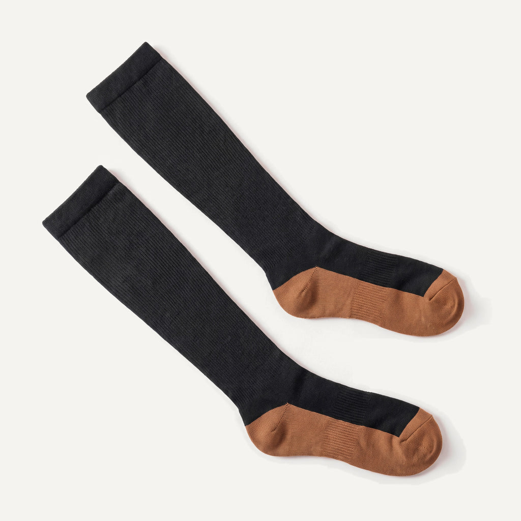 Knee-High Compression Socks in Black & Copper, pair laid flat