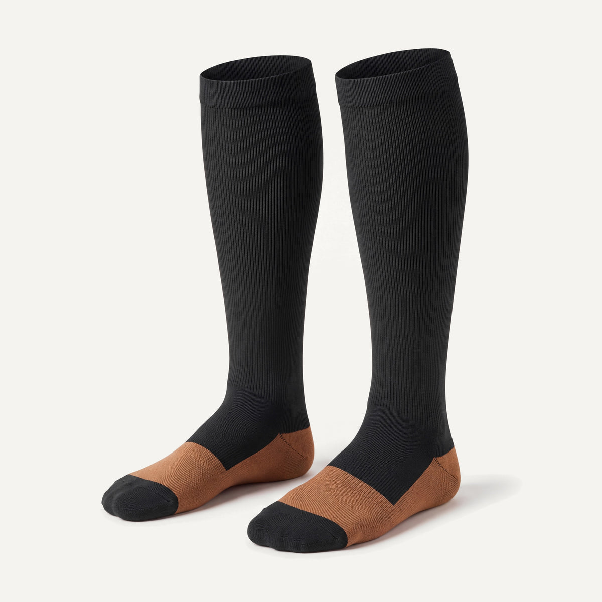 Knee-High Compression Socks in Black & Copper, pair, front three-quarter view
