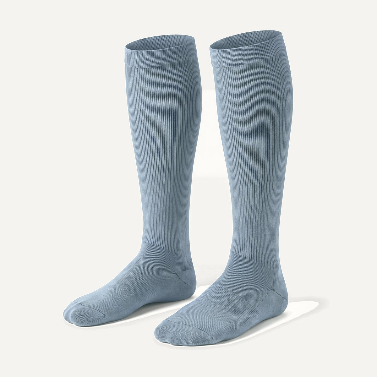 Knee-High Compression Socks in Dusty Blue, pair, front three-quarter view