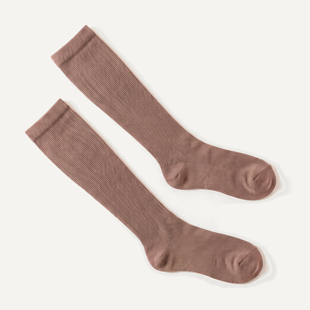 Knee-High Compression Socks in Mocha, pair laid flat