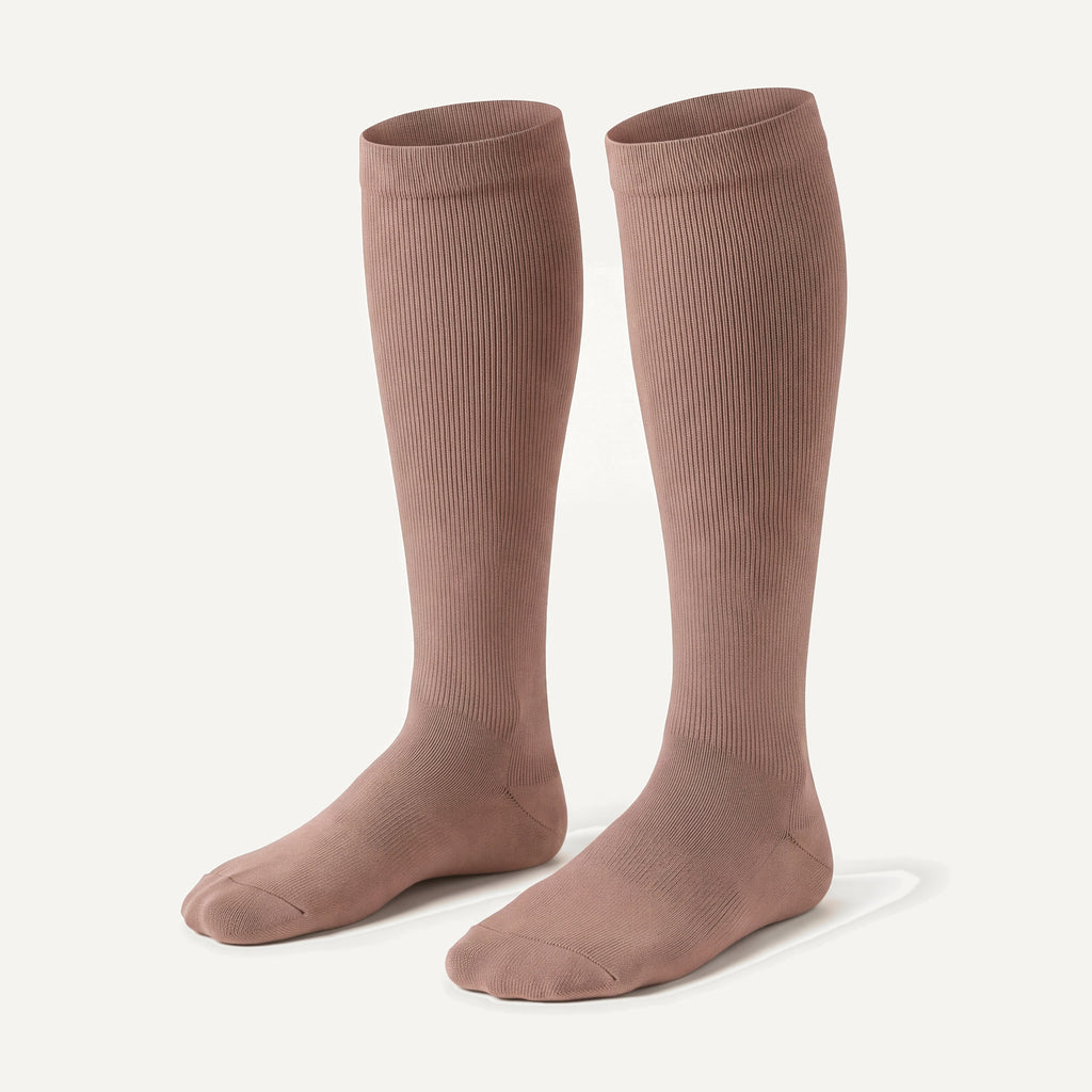 Knee-High Compression Socks in Mocha, pair, front three-quarter view