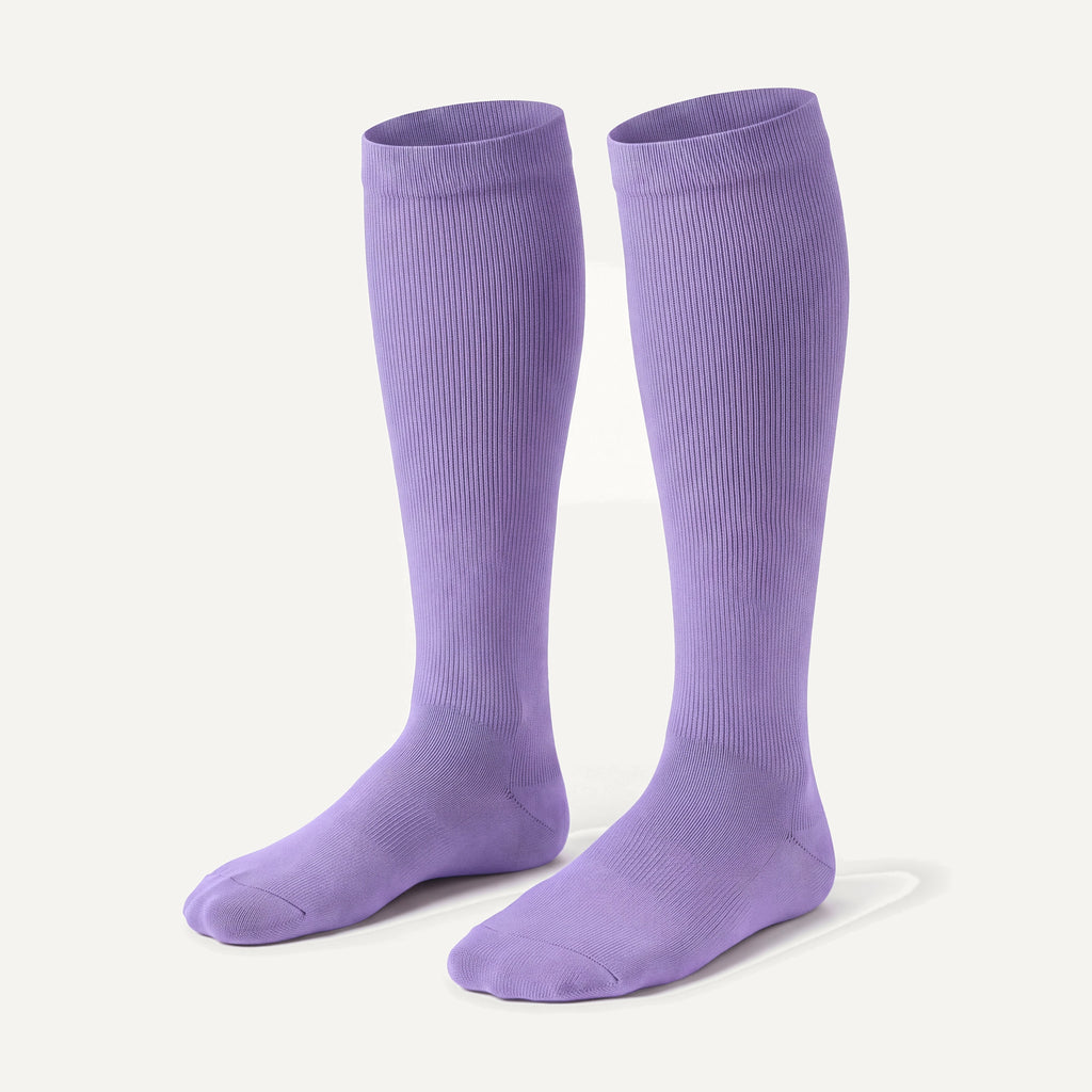Knee-High Compression Socks in Purple, pair, front three-quarter view