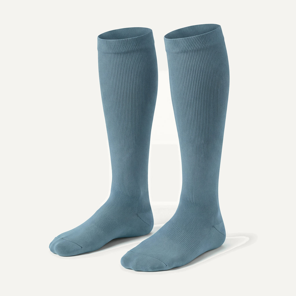 Knee-High Compression Socks in Slate Blue, pair, front three-quarter view