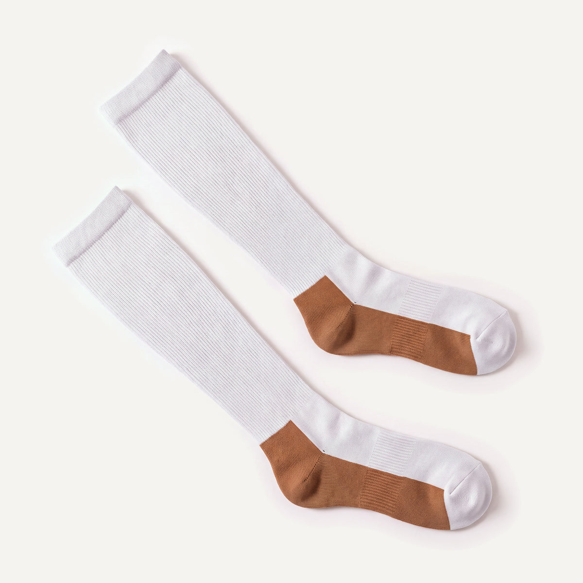 Knee-High Compression Socks in White & Copper, pair laid flat