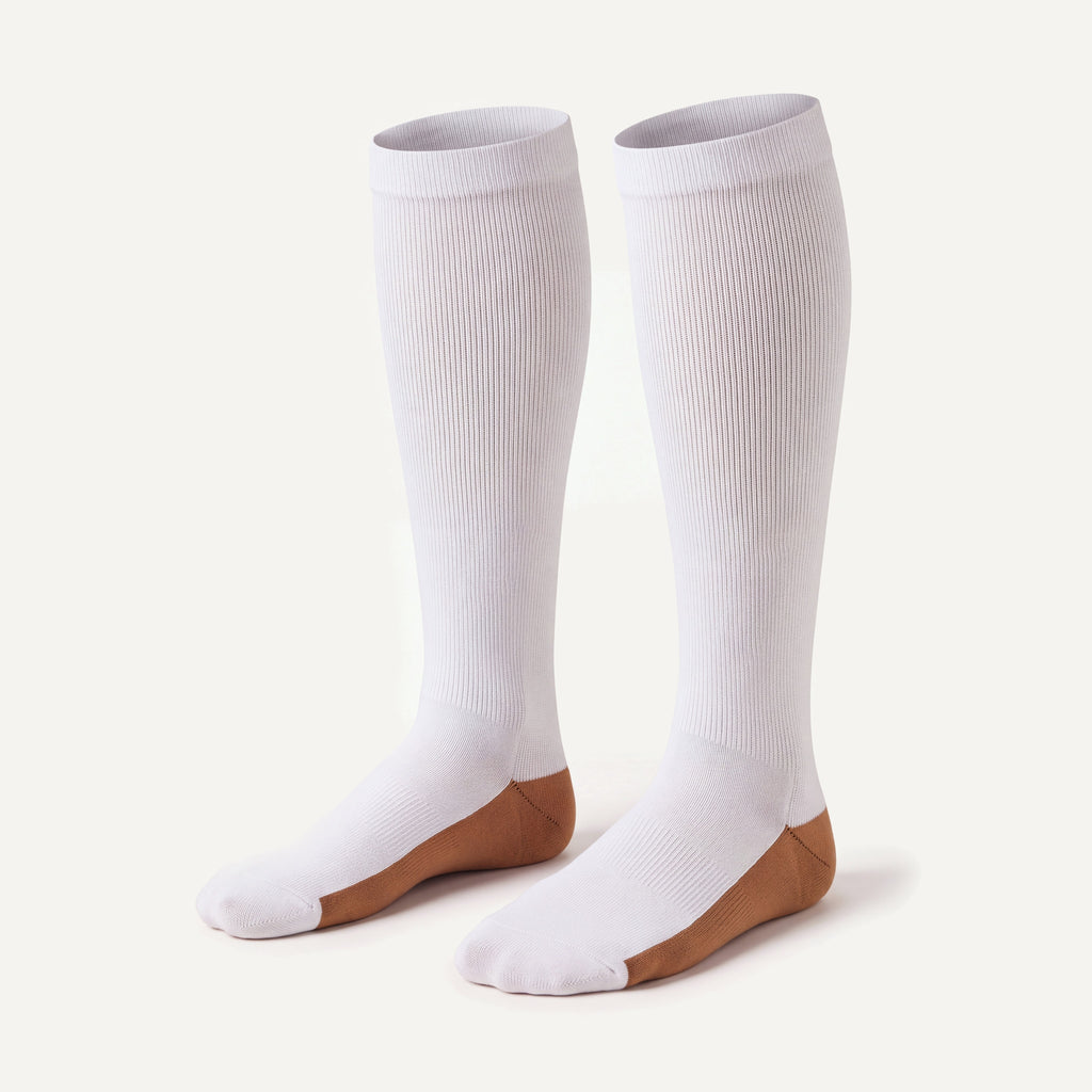 Knee-High Compression Socks in White & Copper, pair, front three-quarter view