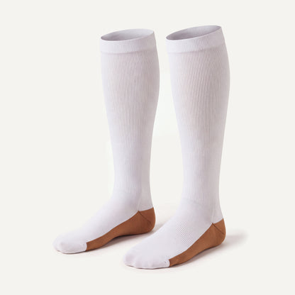 Knee-High Compression Socks in White & Copper, pair, front three-quarter view