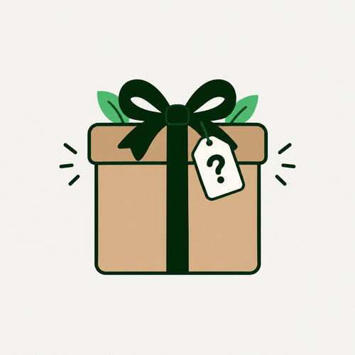thejijo mystery gift: illustrated gift box with a green ribbon, leaves and a question-mark tag
